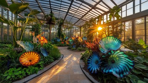 Chihuly glass sculptures among the plants inside the Garden of Tomorrow glasshouse at Norfolk Botanical Garden